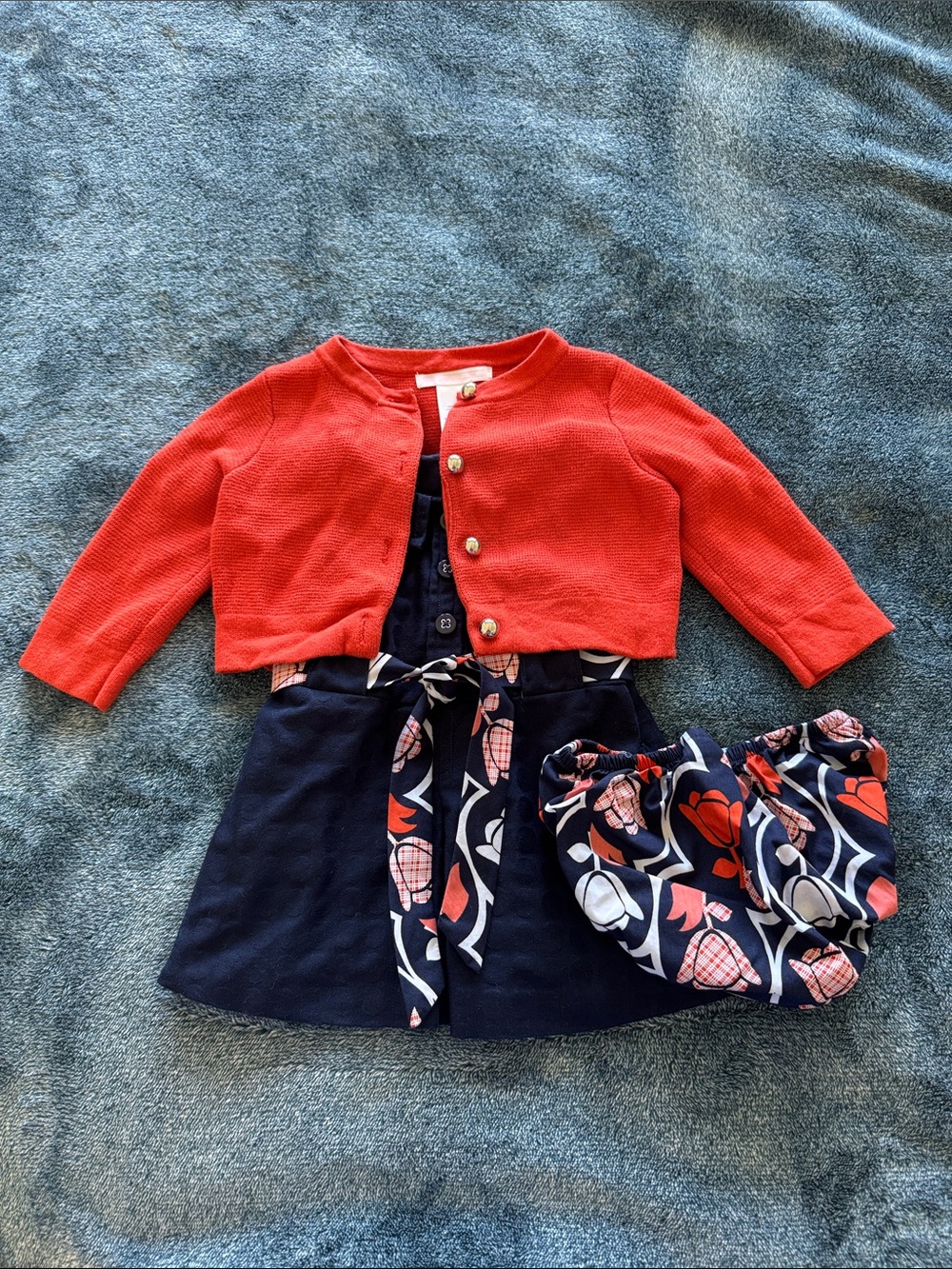 Janie and Jack Burnt Orange Cardigan with Navy Dress with Floral Accents Set